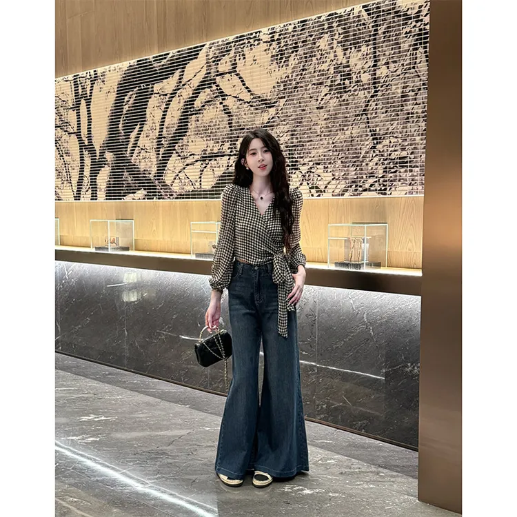YUANLIANSU/圆脸酥【竹摇碎影】高级感绑带收腰长袖格子衬衫女秋季