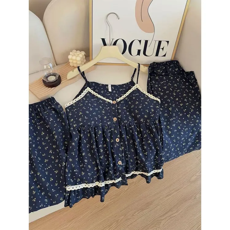 纯欲小碎花｜吊带睡衣三件套带胸垫复古显白小碎花家居服套装