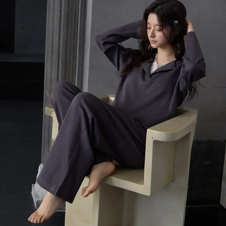 【带胸垫】极简风睡衣女纯棉春秋季长袖休闲V领女士家居服套装高档