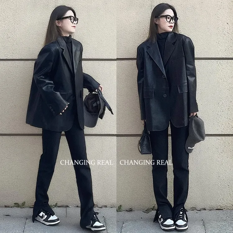 黑色复古西装休闲皮衣外套女2025年秋冬季新款宽松中长款网红西服