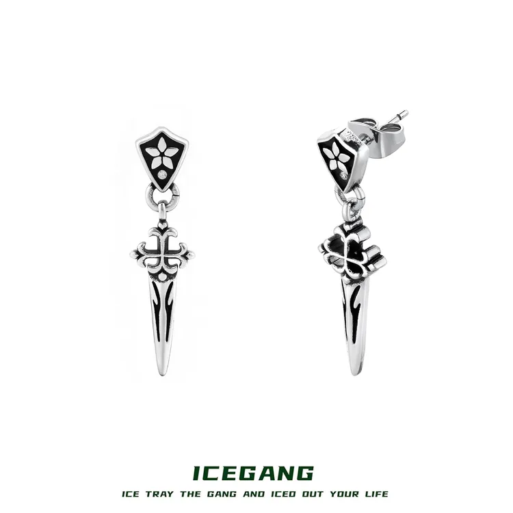 ICEGANG 钛钢合成锆石耳饰  316L钛钢系列鸢尾花十字剑耳钉防过敏