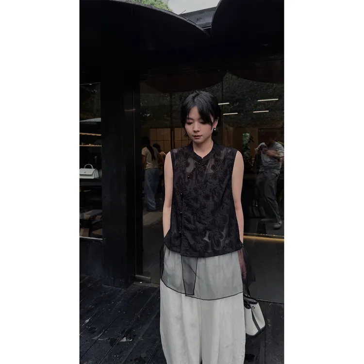 苏安家|新中式黑色烧花莱赛尔提花无袖小衫斜襟盘扣国风背心