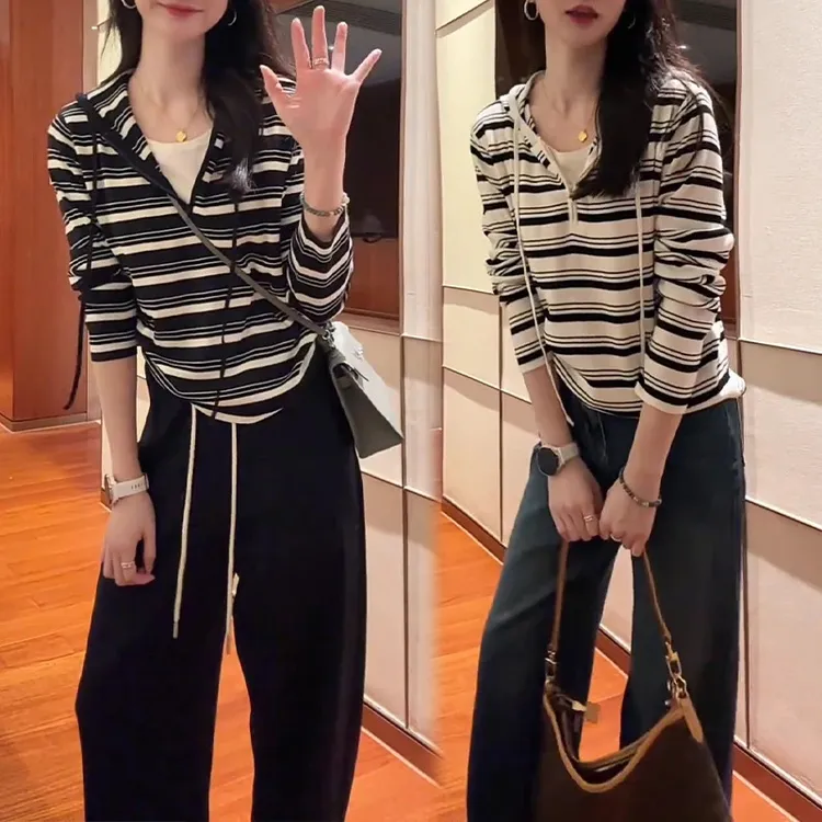 休闲风拉链连帽卫衣女2025春秋新款日系慵懒宽松外穿条纹长袖T恤