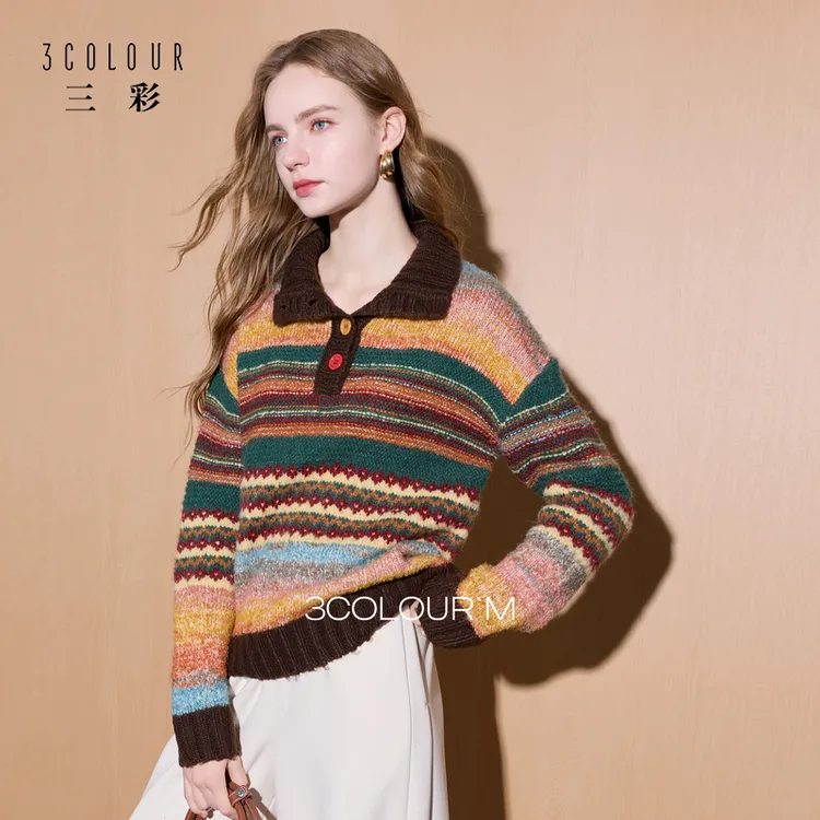 【美利奴羊毛】三彩2025秋冬慵懒风条纹提花针织衫翻领复古毛衫女M