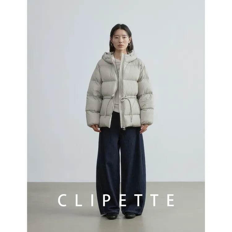 CLIPETTE  冬季短款宽松高端泡芙收腰羽绒服连帽保暖加厚外套女