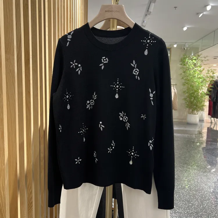 声雨竹1R769冬季黑色宽松型通勤女常规款毛针织衫时尚休闲毛衣