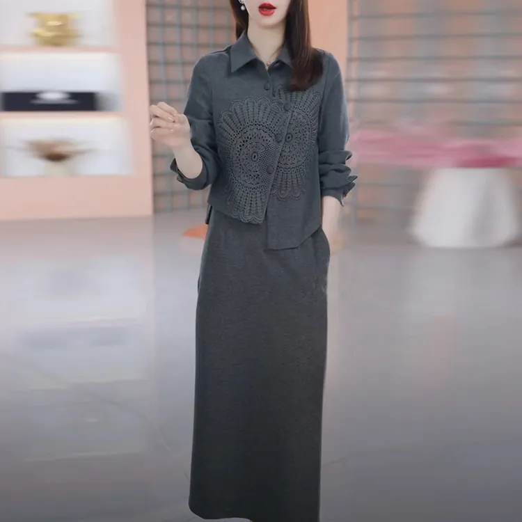 四面弹时尚气质套装裙2025春秋季新款长袖显瘦修身两件套连衣裙子