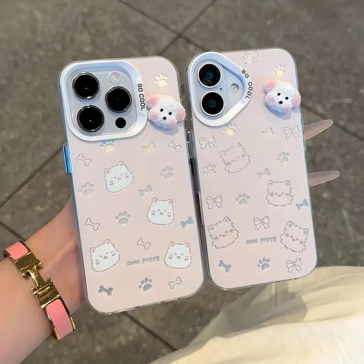 西高地粉耳朵小狗贴件适用苹果16pro手机壳15华为p70vivo小米oppo