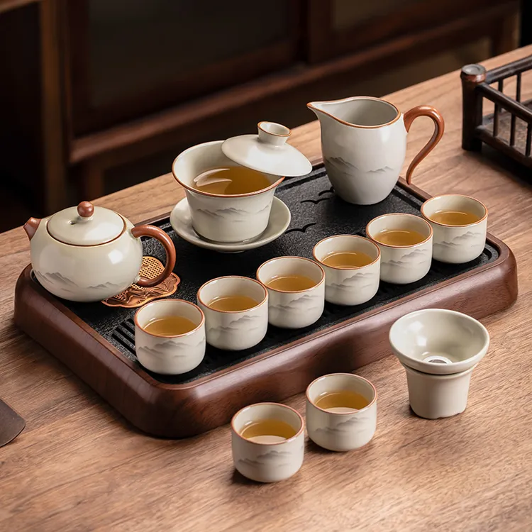 高档汝窑水墨观山陶瓷茶具套装简约居家用办公室待客中式茶具套装商品图