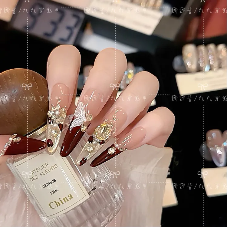 【蝶舞绯金】纯手工穿戴甲猫眼美甲贴片可拆卸指甲贴片10片装