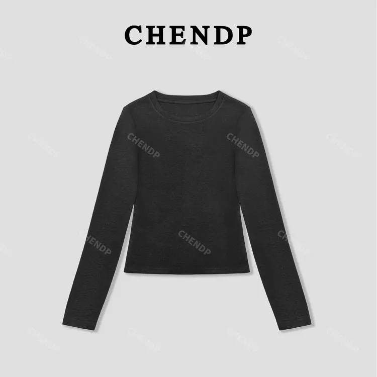 CHENDP 【圆领】慵懒洋气极简柔感透气长袖T恤透气显瘦纯色百搭上衣