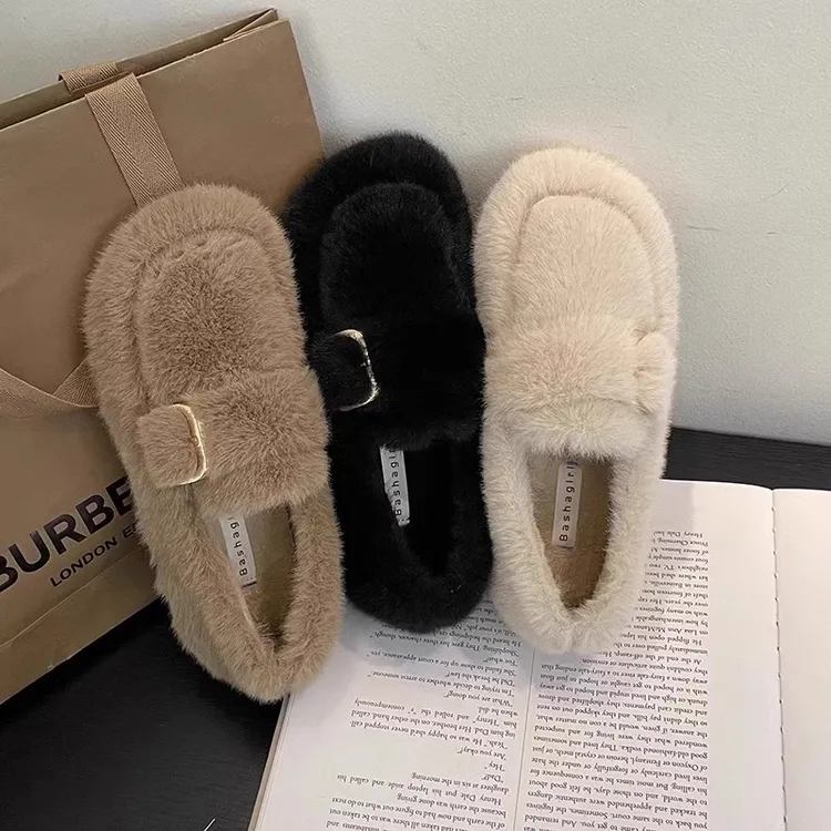 毛毛鞋女外穿平底加绒棉鞋2024新款秋冬季一脚蹬豆豆鞋软底奶奶鞋