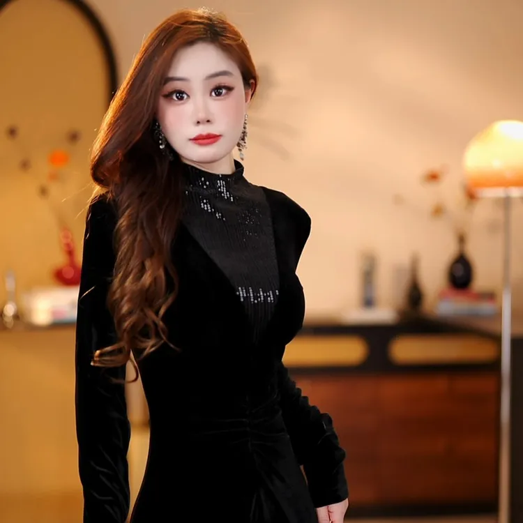 【徐御姐】夜锻藏影秋冬款加绒显瘦设计连衣裙-YL60276