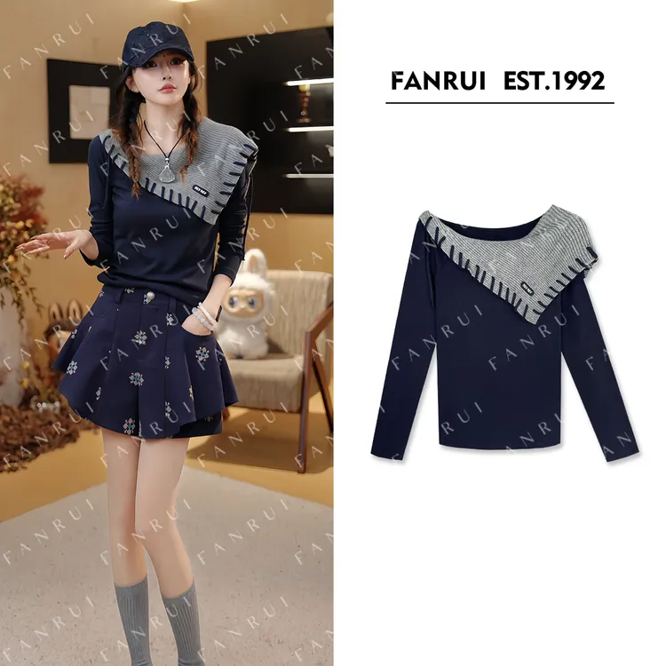 抖音双11泛芮「贝贝biuu」大翻领双色拼接时髦洋气百搭针织衫B18326