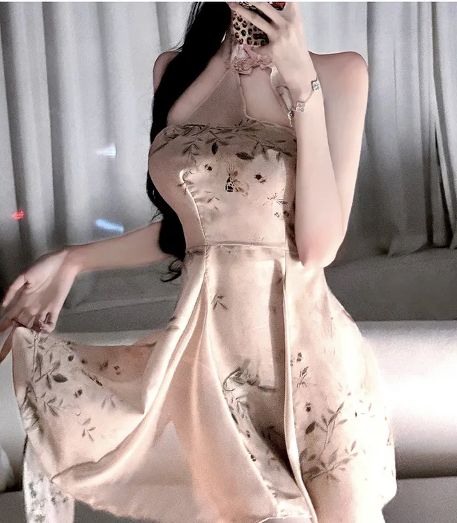 【纯欲陷阱】新款网红复古性感透视新中式A字裙印花旗袍纯欲美背