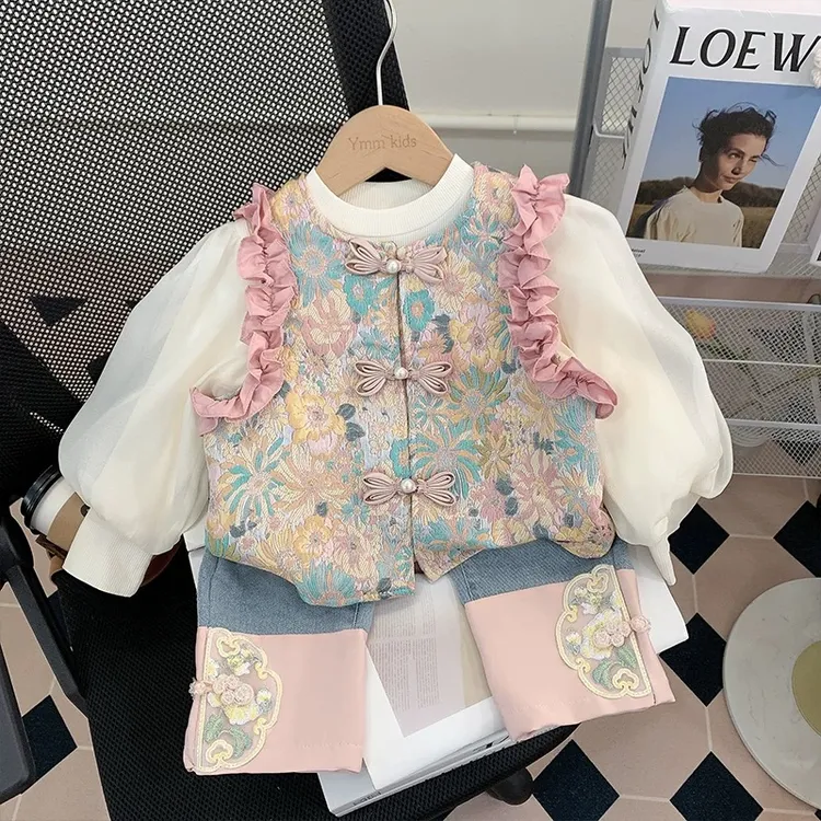 女小童国风套装2025新款女宝宝新中式春装马甲三件套唐装春秋衣服