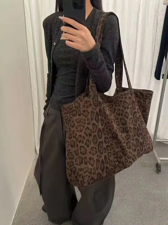 【斜跨拉链豹纹包】麂皮绒豹纹托特包拉链斜跨单肩韩版网红明星同款