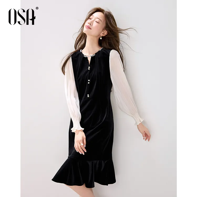 OSA/欧莎 赫本风假两件连衣裙女气质优雅约会鱼尾裙S125C13004