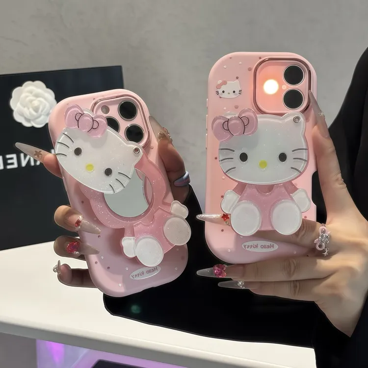 适用少女粉kitty镜子支架17苹果16手机壳iPhone15小米vivoppo华为