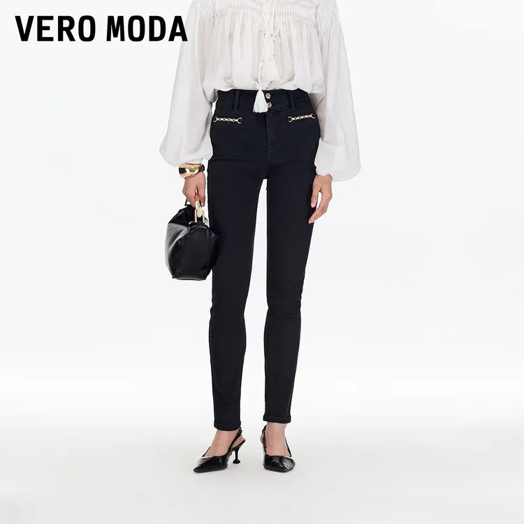 Vero Moda牛仔裤2025秋季新款含棉金属装饰显瘦小脚裤高级感洋气