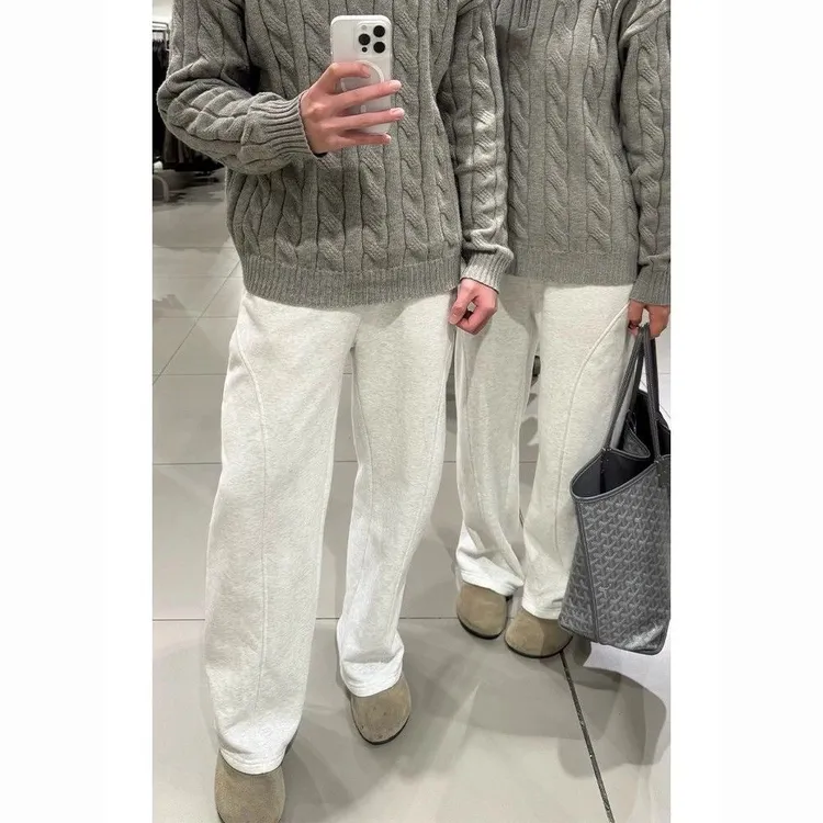 男垂感慵懒松弛感裤子潮牌运动阔腿休闲裤浅灰色斜切美式直筒卫裤