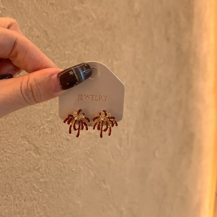 铜合金锆石耳饰 红色烟花新年耳钉高级感轻奢气质秋冬独特耳饰女