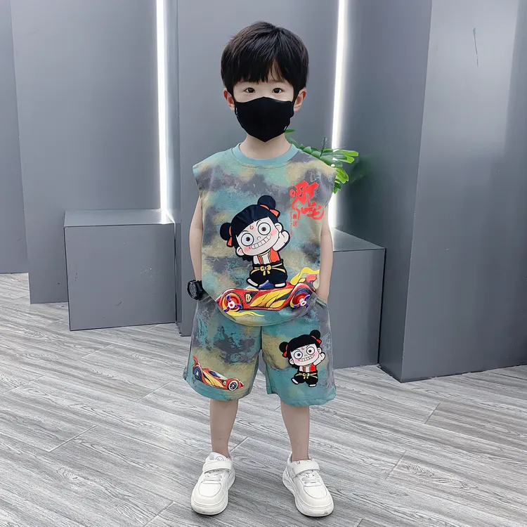 哪吒儿童衣服2025新款男童夏套装时髦帅气宝宝夏装小男孩薄款无袖