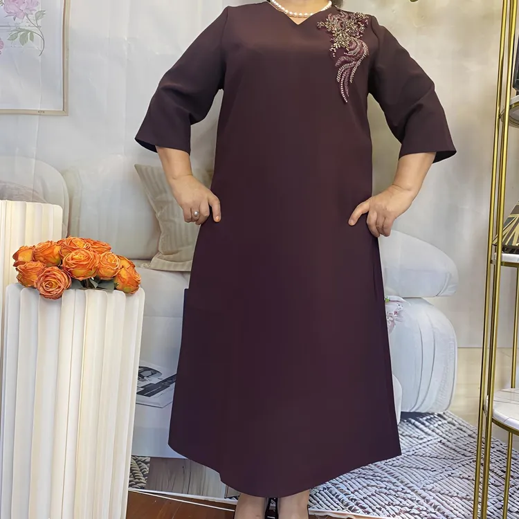 V领圆领七分袖中腰套头款连衣裙礼服唐装中长款时尚
