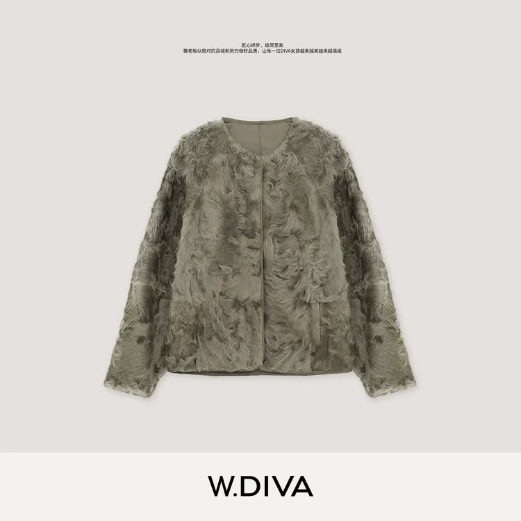 W.Diva【弗罗里达】棕榈灰时尚稀缺小湖羊皮毛一体外套女4C0922102