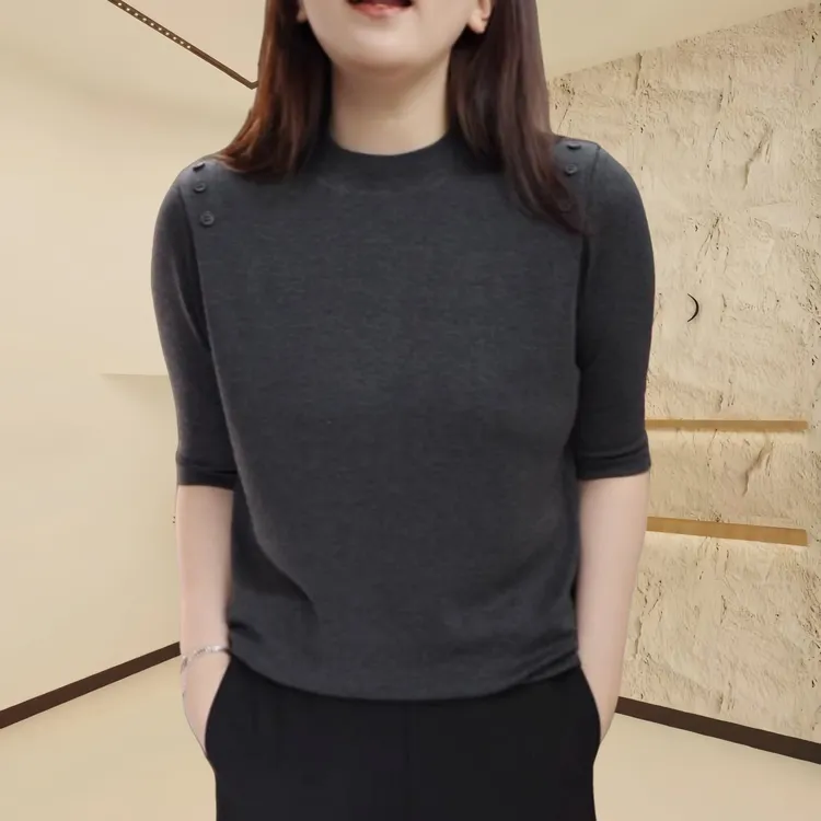 秋季新款纯色打底衫套头叠肩圆领长袖纽扣百搭休闲显瘦洋气上衣女