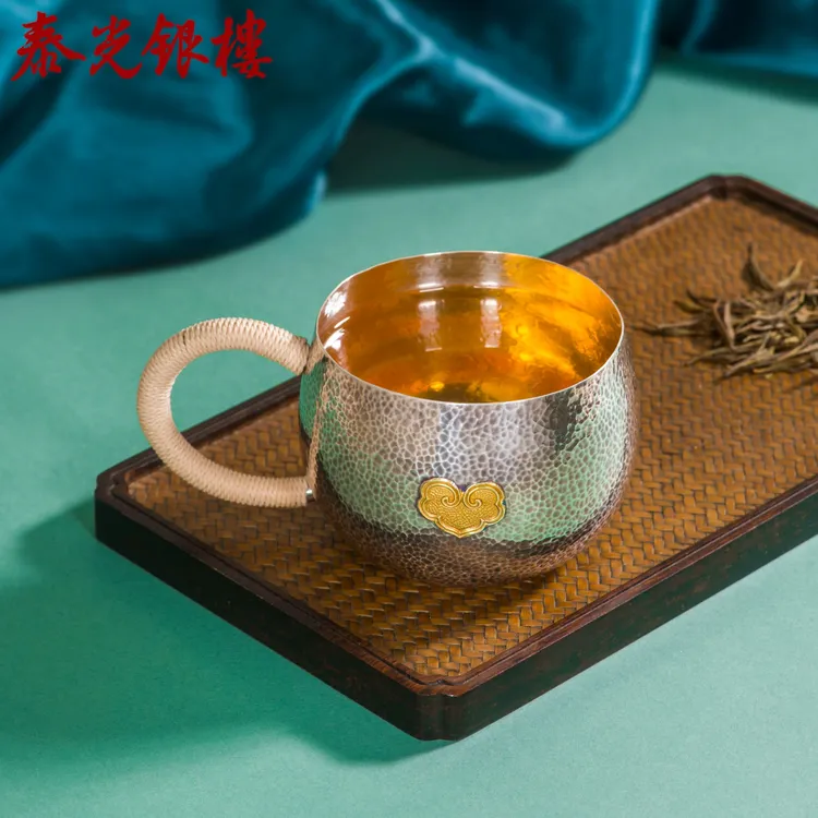 泰光银楼 足银银制品 洪泽龙制足银999如意杯纯手工锤纹银杯