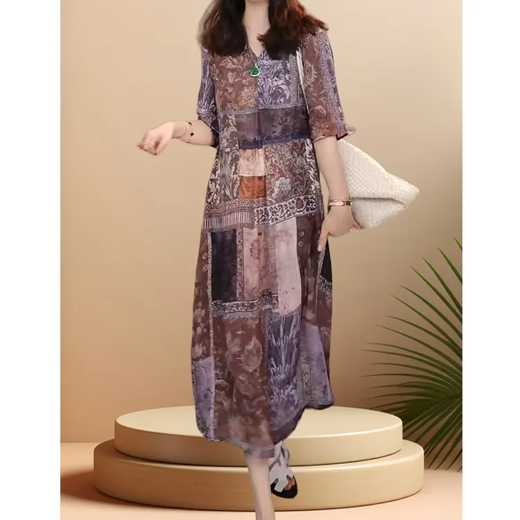 宽松遮肉显瘦印花复古小众拼接裙子2025夏季新款大码时尚连衣裙女