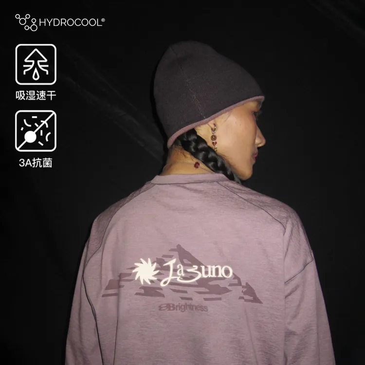 蓝岐日月雪山反光印花抗菌T恤吸湿速干圆领长袖男秋