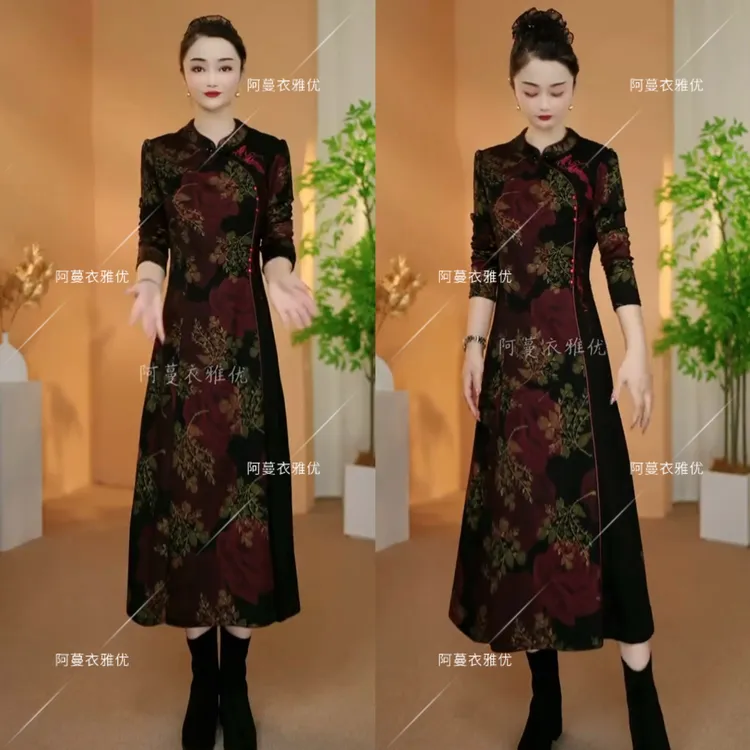 【衣雅严选】8089-1360#新款百搭舒适烫金重工刺绣改良旗袍连衣裙