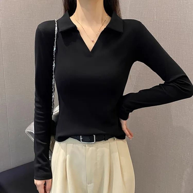 黑色Polo领长袖t恤女2025早秋内搭设计感打底衫修身辣妹洋气上衣