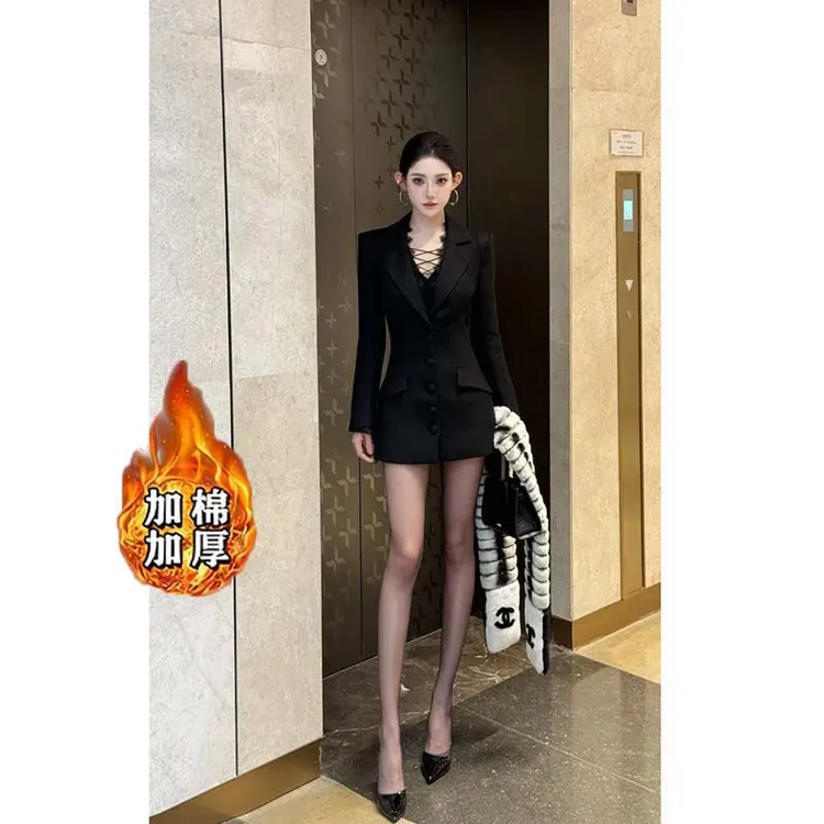 【加棉加厚】【两件套】【含胸针】设计感西装领黑色网红套装QJ0266