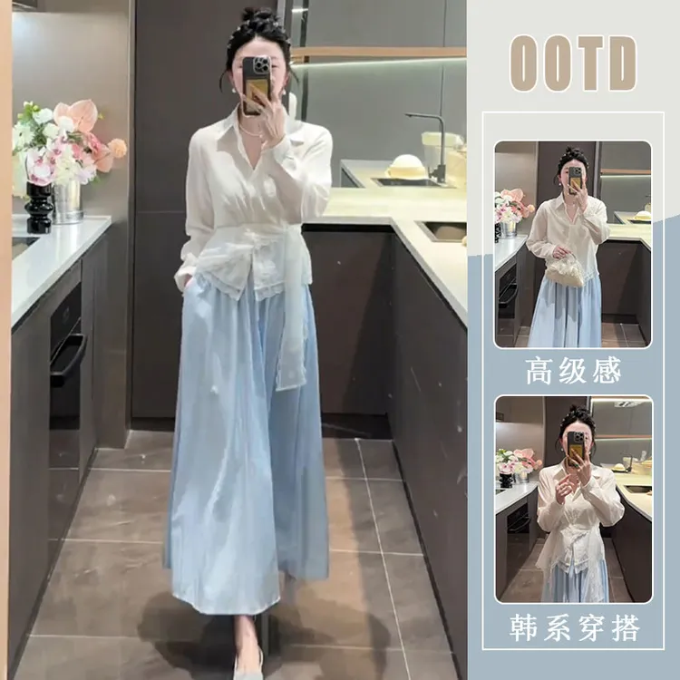 新中式套装2025新款春季一整套简约国穿搭系绳收腰衬衫半身裙套装