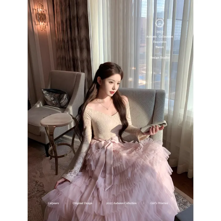 Catyears猫年粉荔漫舞~复古法式蕾丝蓬松蛋糕裙摆连衣裙裙子加绒