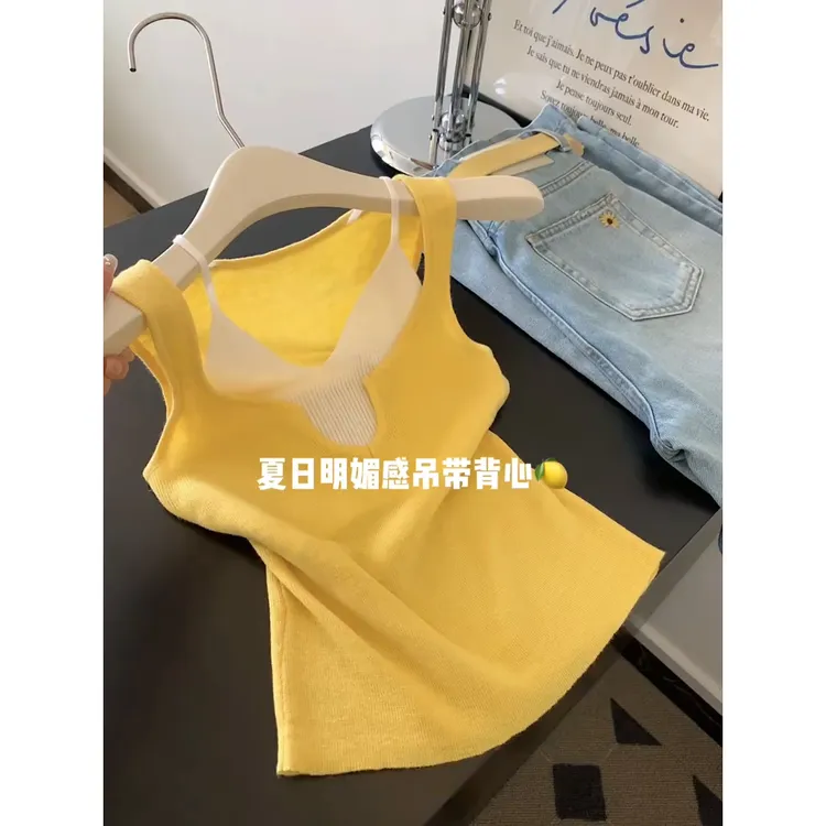 韩系甜美撞色拼接假两件针织吊带背心女夏季修身显瘦别致无袖上衣