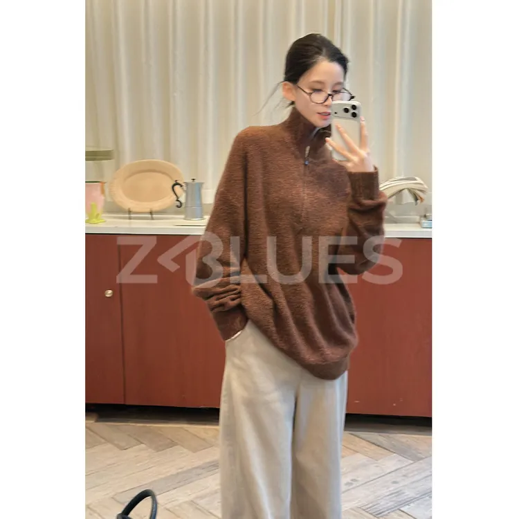 Z.blues【触摸云端】丝羊绒圈圈纱落肩半门襟套衫YZAUE6098