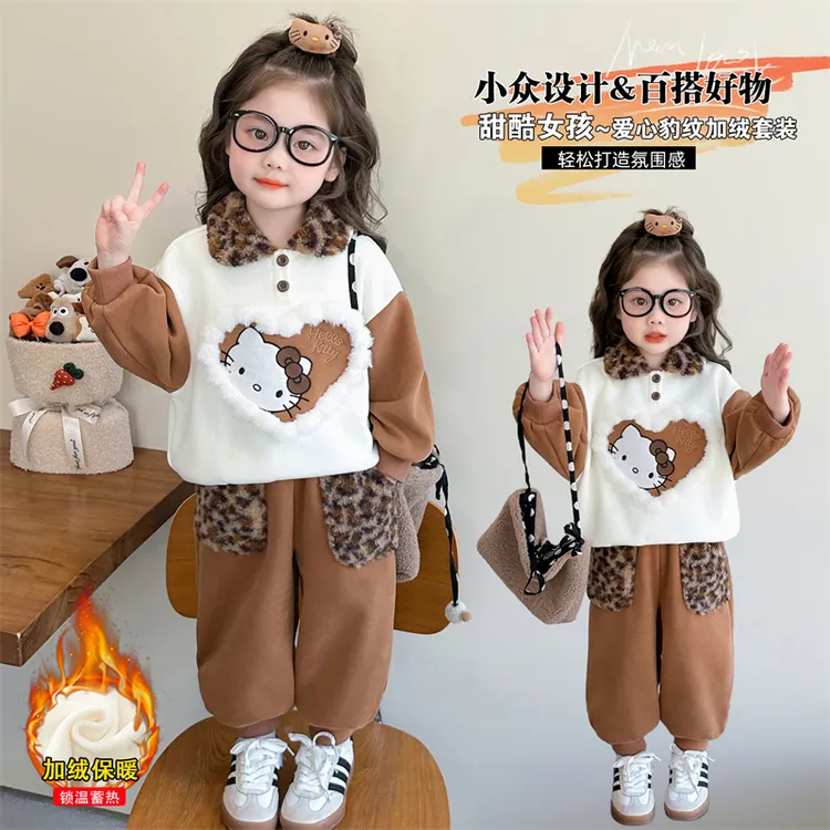 女童加绒豹纹套装秋冬款洋气女宝宝polo卫衣一体绒两件套小童时髦