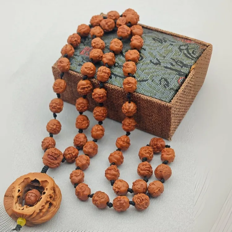 天然野生龙纹桃核手工雕刻[双面108罗汉]54颗文玩脖挂长串1.1x12