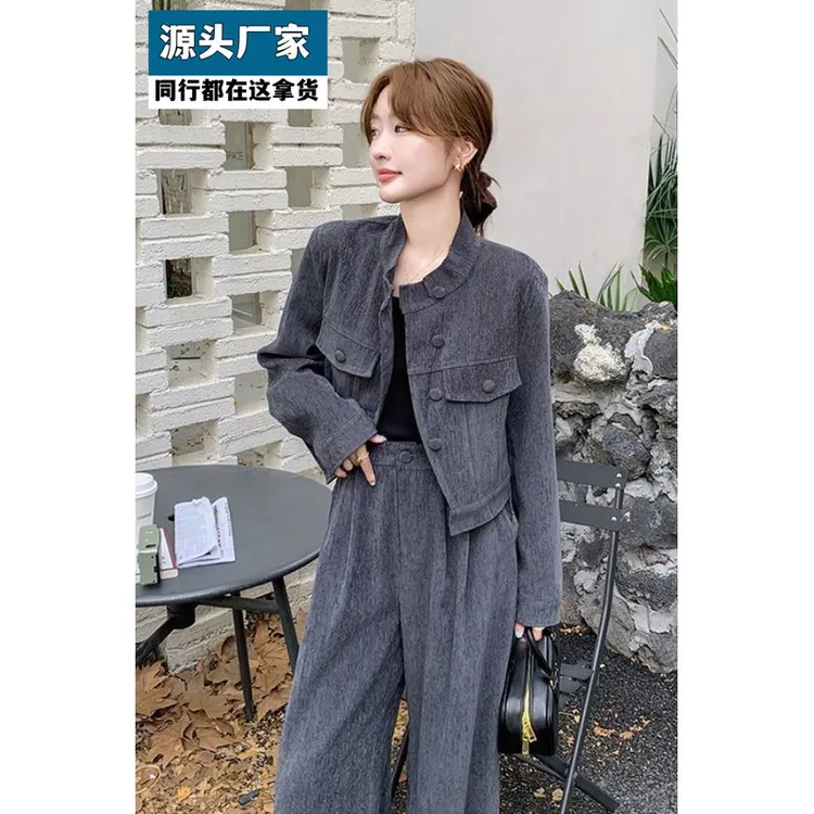 梵乐芬灰色时尚复古轻奢绒感夹克套装女秋季新款休闲显瘦气质长裤