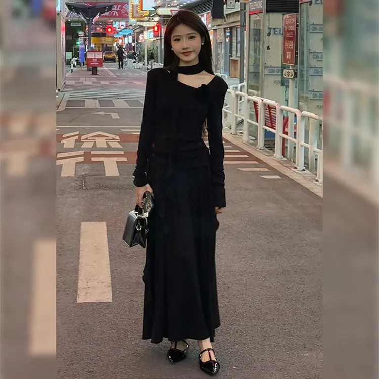 2025新款法式长袖连衣裙子女秋季穿搭一整套高级感小个子长裙套装