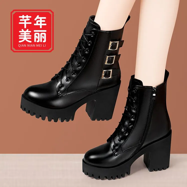粗跟圆头加绒马丁靴女2025秋冬新款大码中筒靴防水台厚底高跟短靴