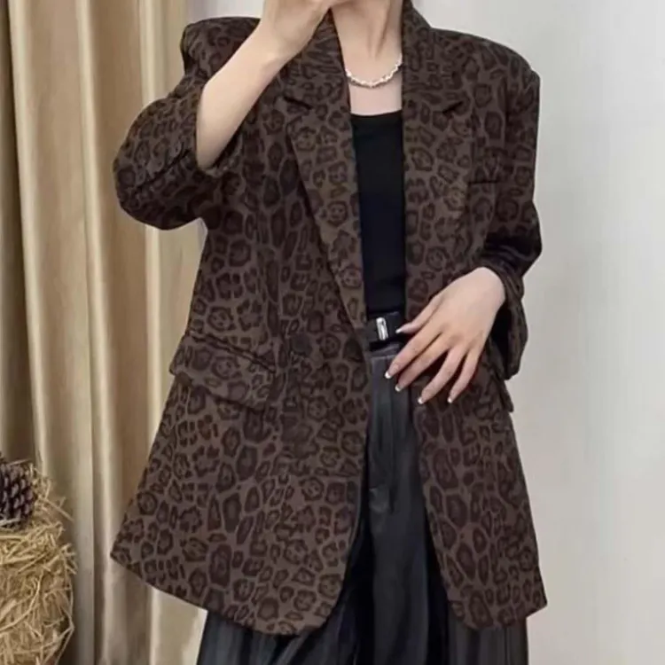 中长版豹纹西装外套女高级感赫本风秋季新款长袖休闲 百搭西服外