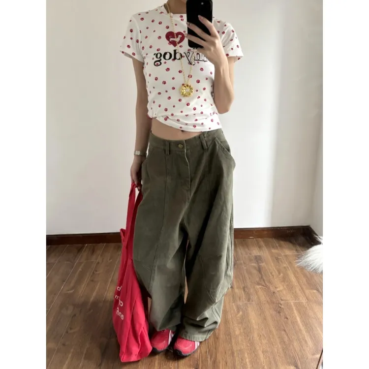 美式复古军绿色弯刀牛仔裤女2025春季新款高腰宽松显瘦阔腿工装裤