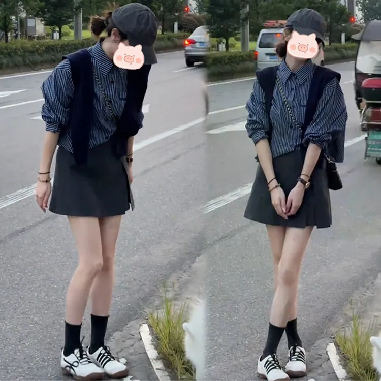 韩版休闲风时尚条纹衬衫+披肩2025年新款高腰显瘦百搭短裙套装女