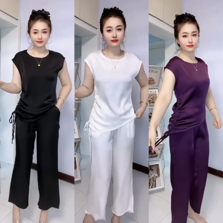 夏季新款时尚韩版宽松显瘦不规则无袖上衣阔腿裤套装