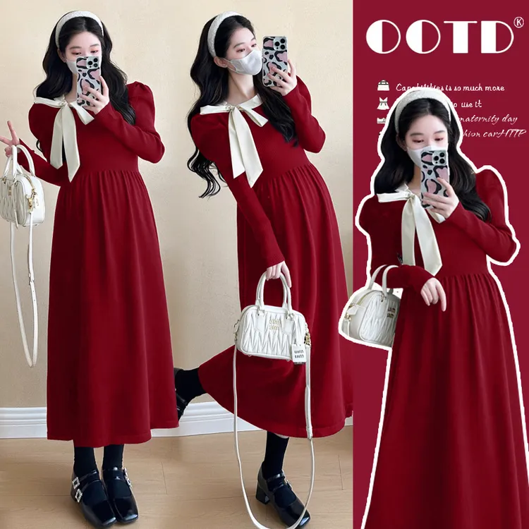孕妇连衣裙秋冬季2024新款高贵上档次气质显瘦孕妇裙子中长款冬装